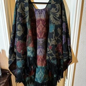 Peter Nygard Floral Patterned Poncho with Fringe